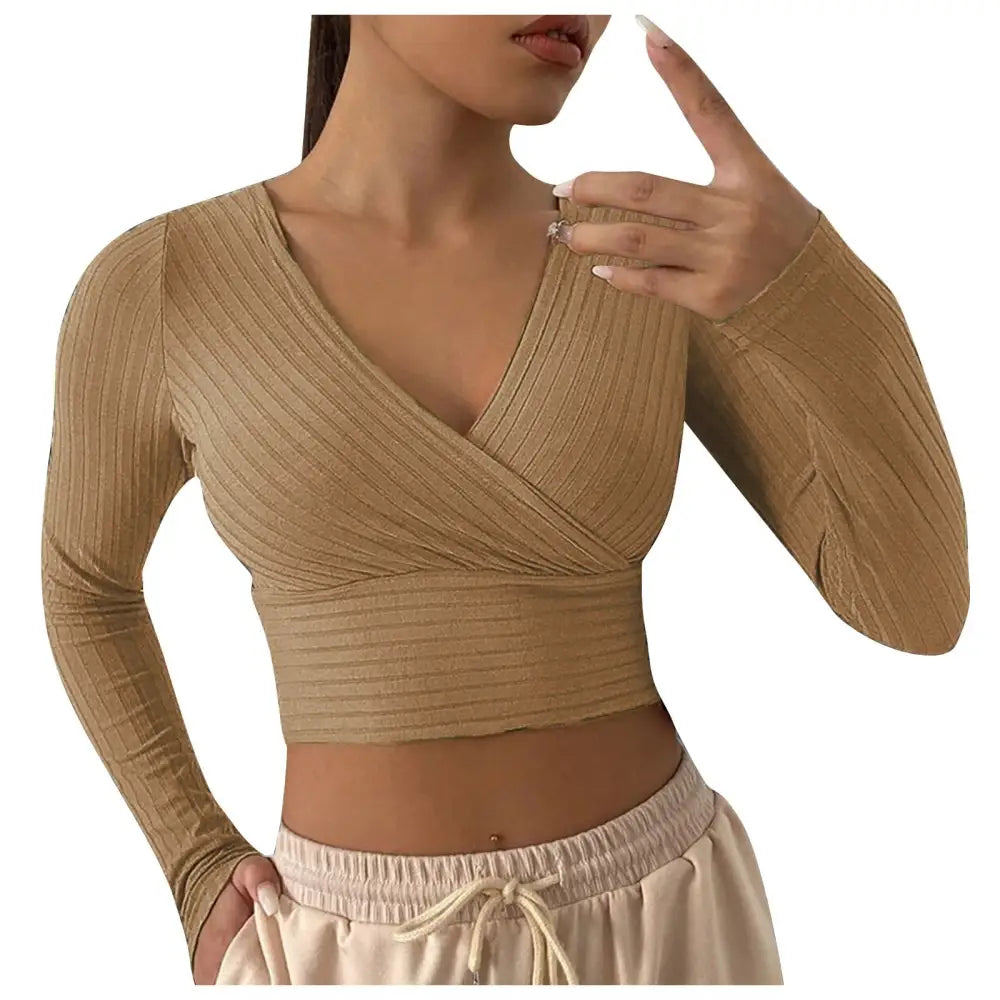 V-Neck Cross Wrap Ribbed Knit Crop Top