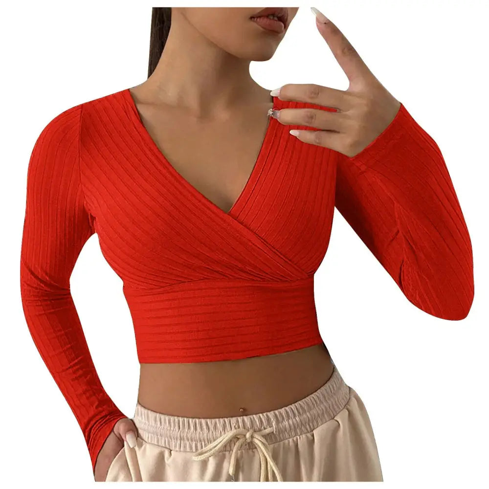 V-Neck Cross Wrap Ribbed Knit Crop Top