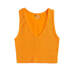 V-Neck Seamless Rib-Knit Sleeveless Crop Top - Orange / S