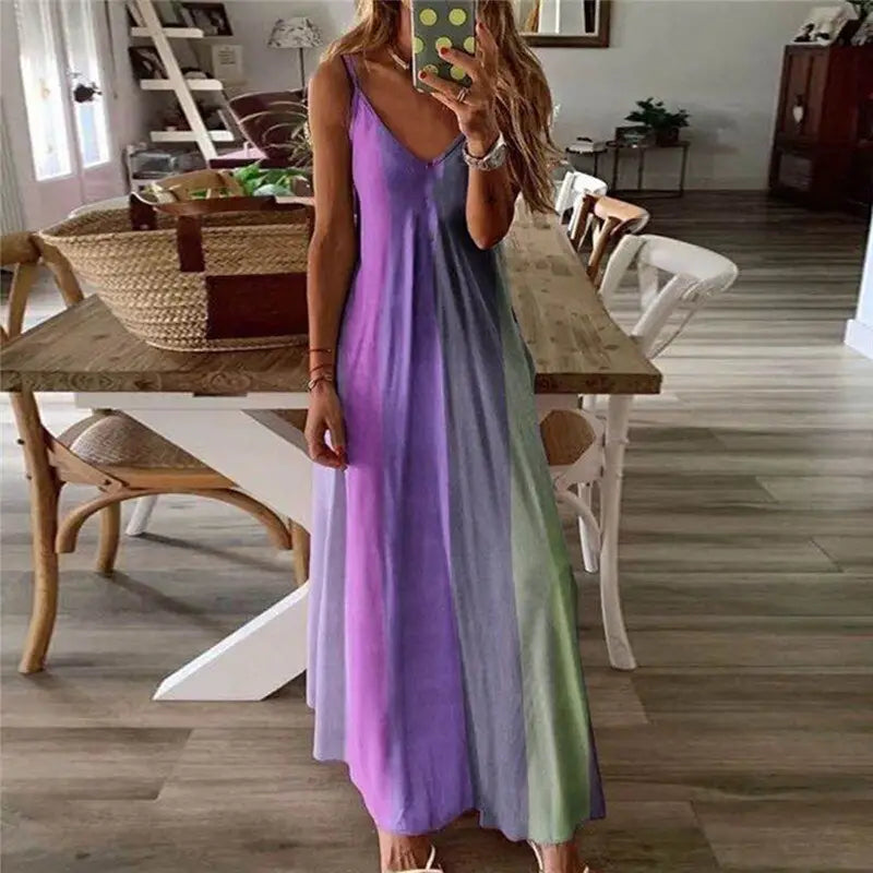 V-Neck Sleeveless Casual Boho Dress - Purple / S - Long