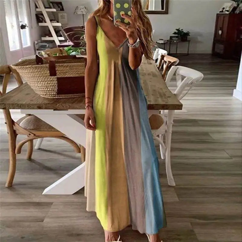 V-Neck Sleeveless Casual Boho Dress - Yellow / S - Long