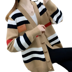 V Neck Striped Knitted Vintage Loose Cardigan