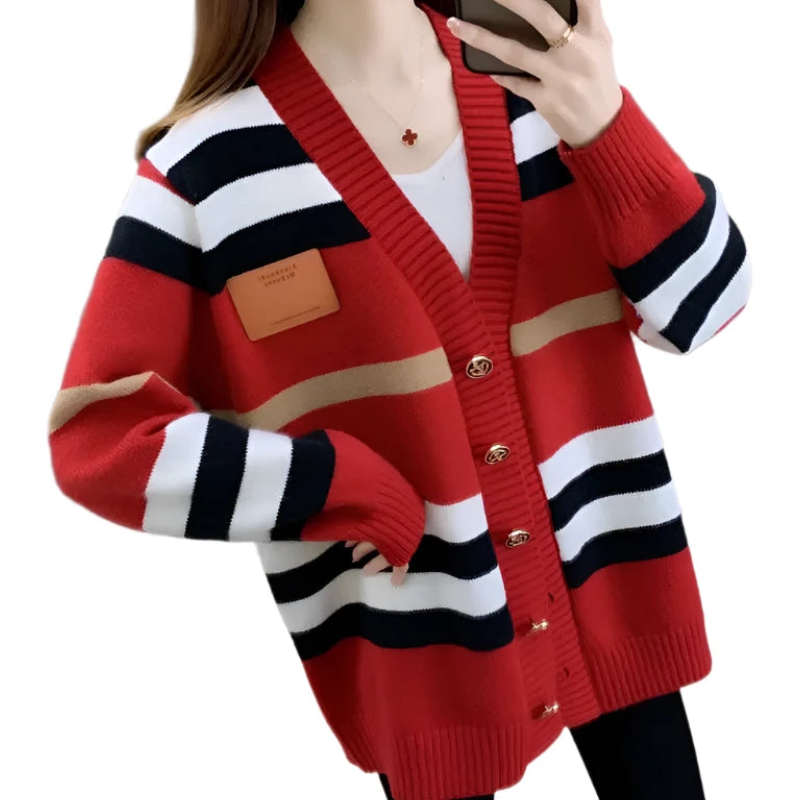 V Neck Striped Knitted Vintage Loose Cardigan