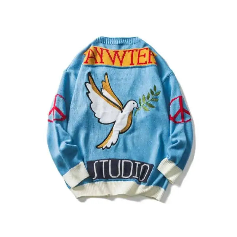 V-Neck Sweater with Letter and Bird Embroidery