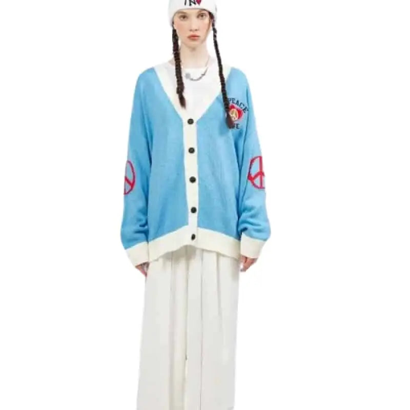 V-Neck Sweater with Letter and Bird Embroidery