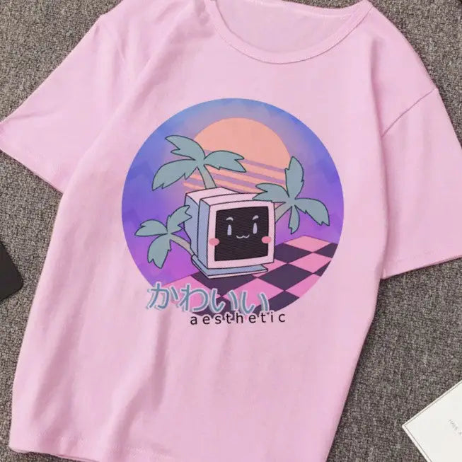 Vaporwave Aesthetic Cool Print T-Shirt - Violet / S