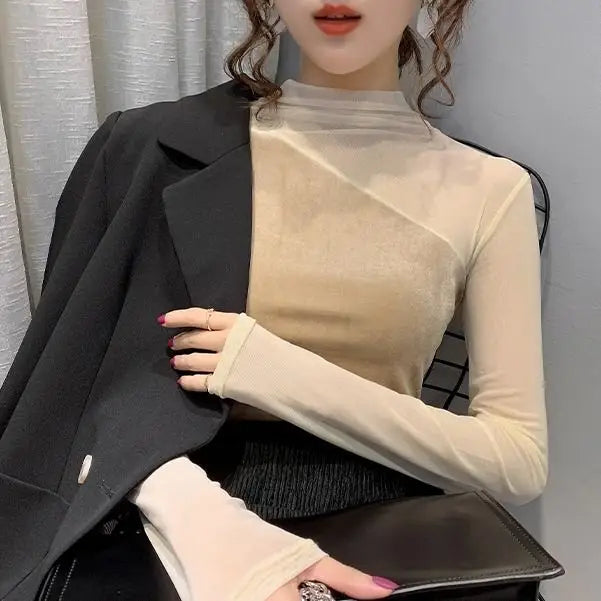 Velvet Blouse High Collar Close Fitting Style