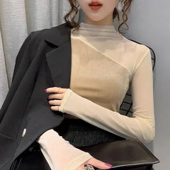 Velvet Blouse High Collar Close Fitting Style