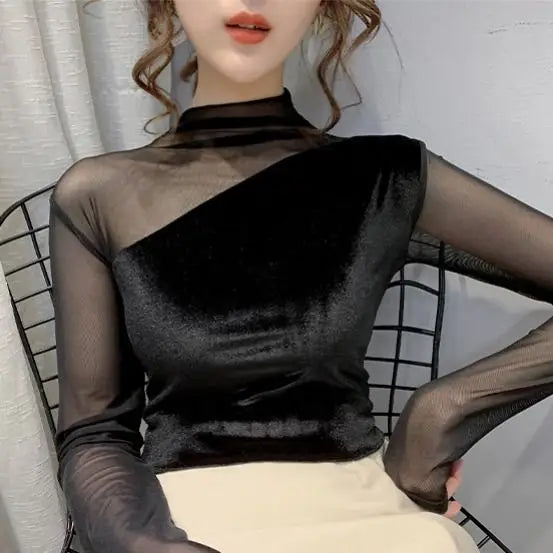 Velvet Blouse High Collar Close Fitting Style