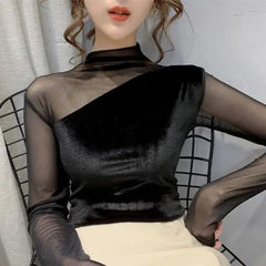 Velvet Blouse High Collar Close Fitting Style