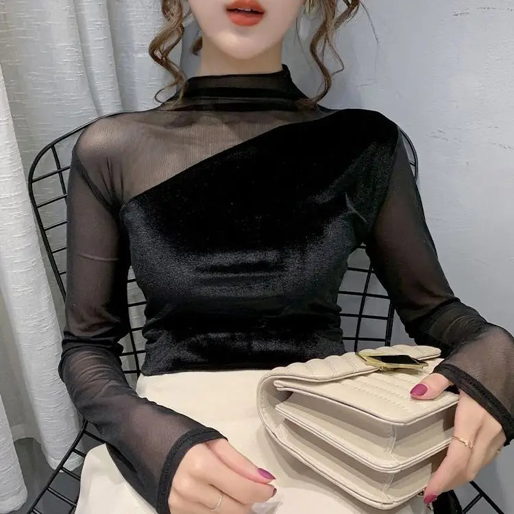 Velvet Blouse High Collar Close Fitting Style Black / S