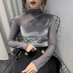 Velvet Blouse High Collar Close Fitting Style Gray / S