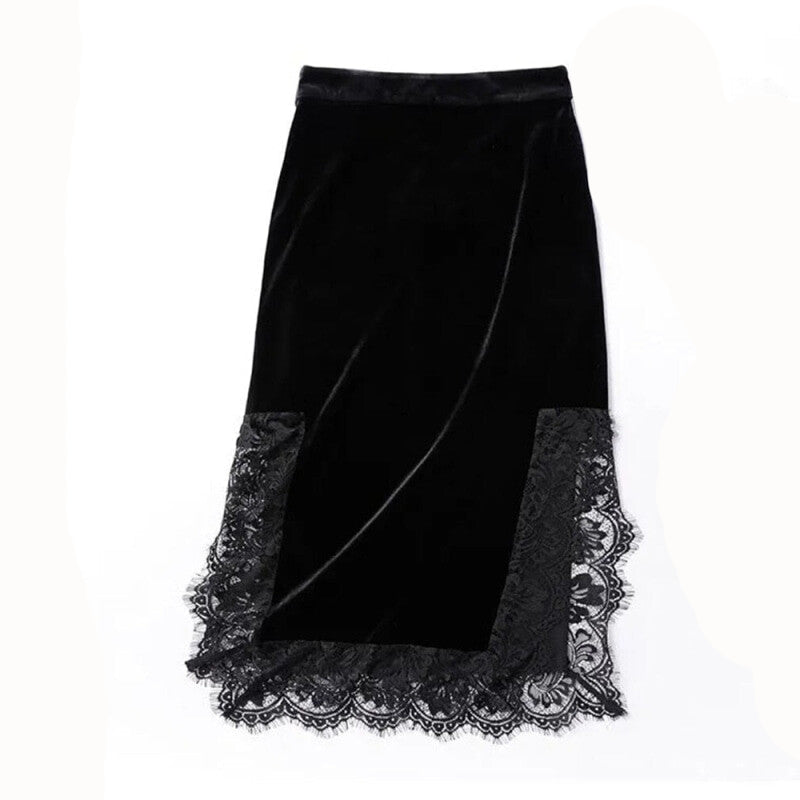 Velvet Goth Vintage Lace Patchwork Long Skirt - Black/Skirt