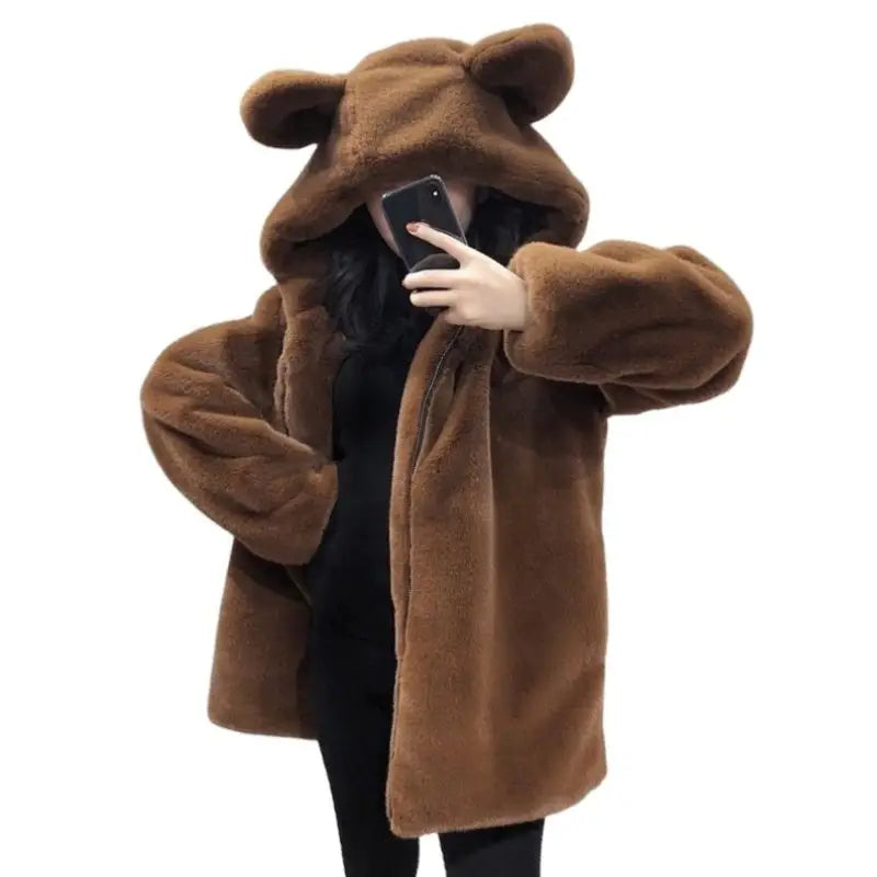 Velvet Jacket with Cute Bear Ears Fur Detail