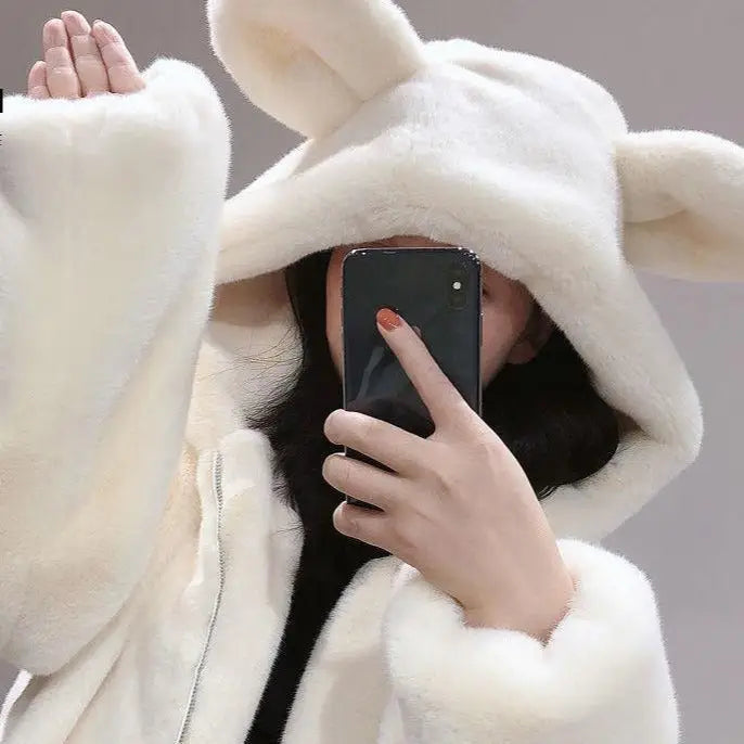 Velvet Jacket with Cute Bear Ears Fur Detail