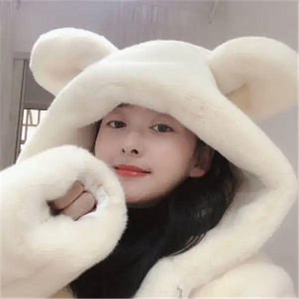 Velvet Jacket with Cute Bear Ears Fur Detail Beige / S