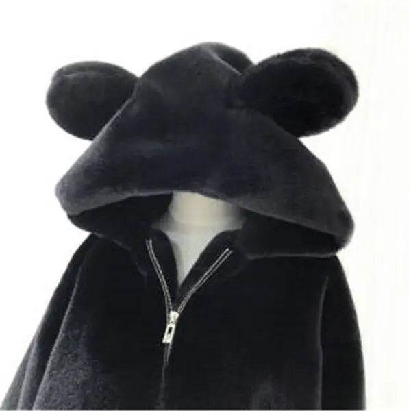 Velvet Jacket with Cute Bear Ears Fur Detail Black / S