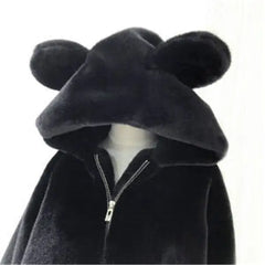 Velvet Jacket with Cute Bear Ears Fur Detail Black / S