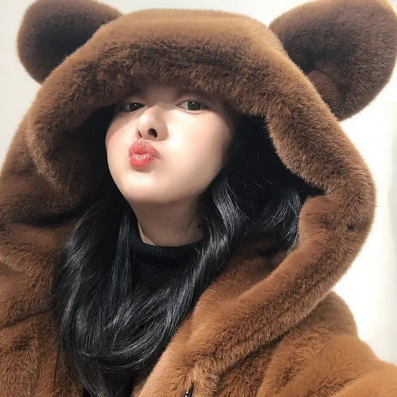 Velvet Jacket with Cute Bear Ears Fur Detail Brown / S