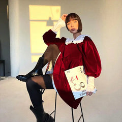 Velvet Mini Dress with Lantern Sleeves and Peter Pan Collar