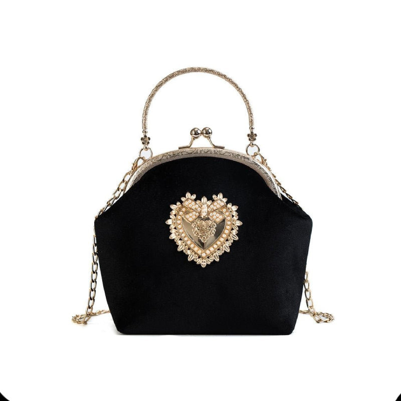 Velvet Pearl Heart Design Vintage Handbag - Black / One Size