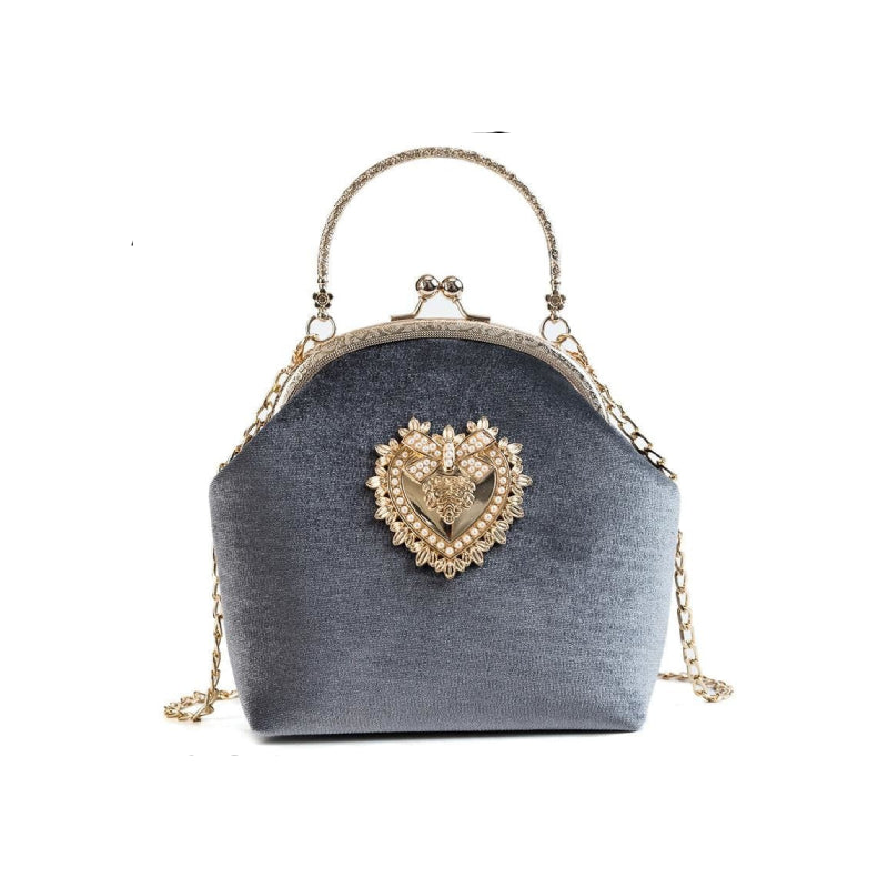 Velvet Pearl Heart Design Vintage Handbag - Gray / One Size