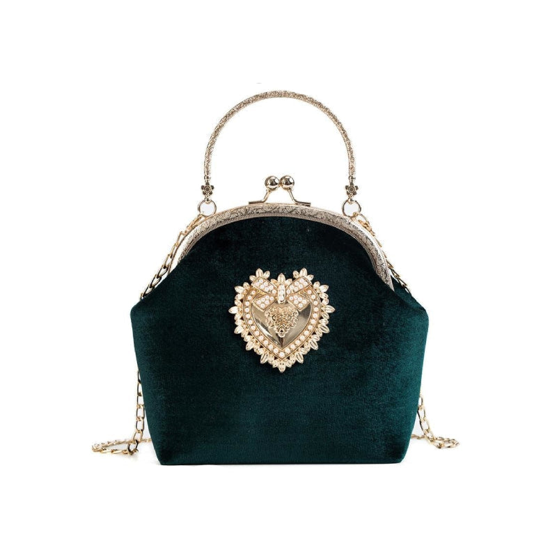 Velvet Pearl Heart Design Vintage Handbag - Green / One Size