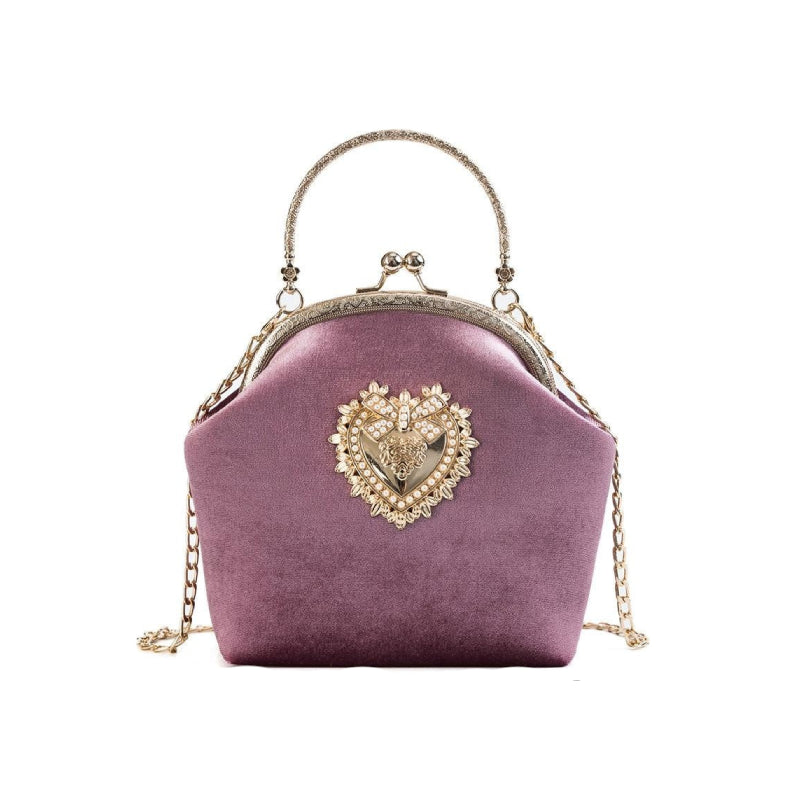 Velvet Pearl Heart Design Vintage Handbag - Pink / One Size
