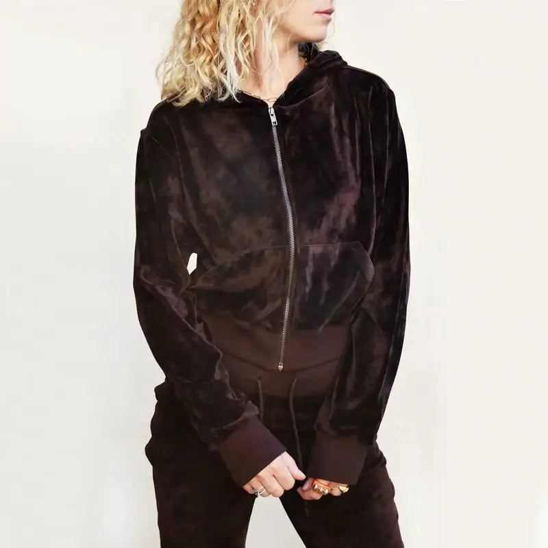 Velvet Zip-Up Cropped Hoodie & Flare Joggers Set