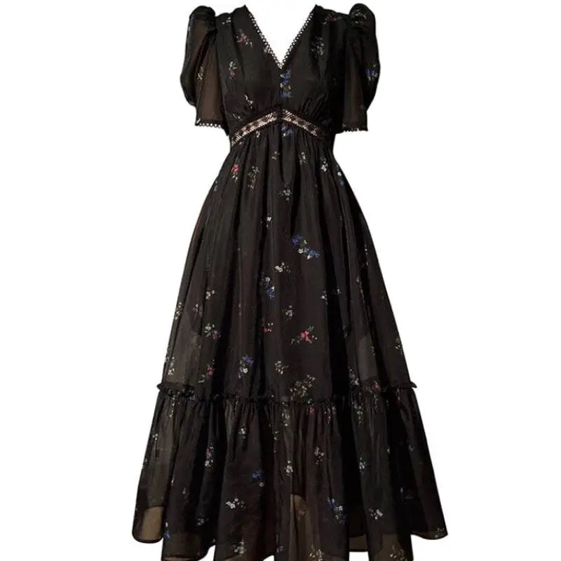 Vintage Black Floral Short Sleeve Elegant Dress