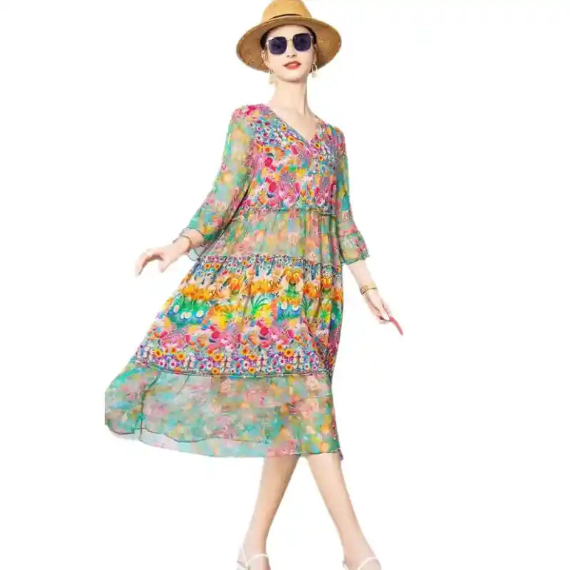 Vintage Bohemian Silk V-Neck Dress With Floral Print