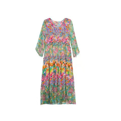 Vintage Bohemian Silk V-Neck Dress With Floral Print