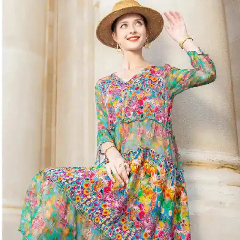 Vintage Bohemian Silk V-Neck Dress With Floral Print