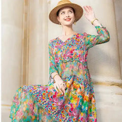 Vintage Bohemian Silk V-Neck Dress With Floral Print