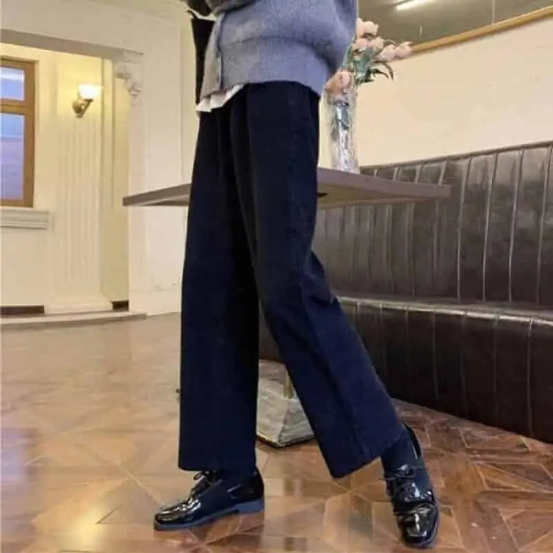 Vintage Corduroy High Waist Straight Pants - Black / S