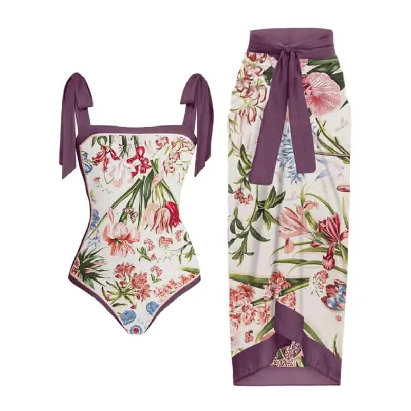Vintage Floral Cover Up Set Lace Swimsuit - One-Piece