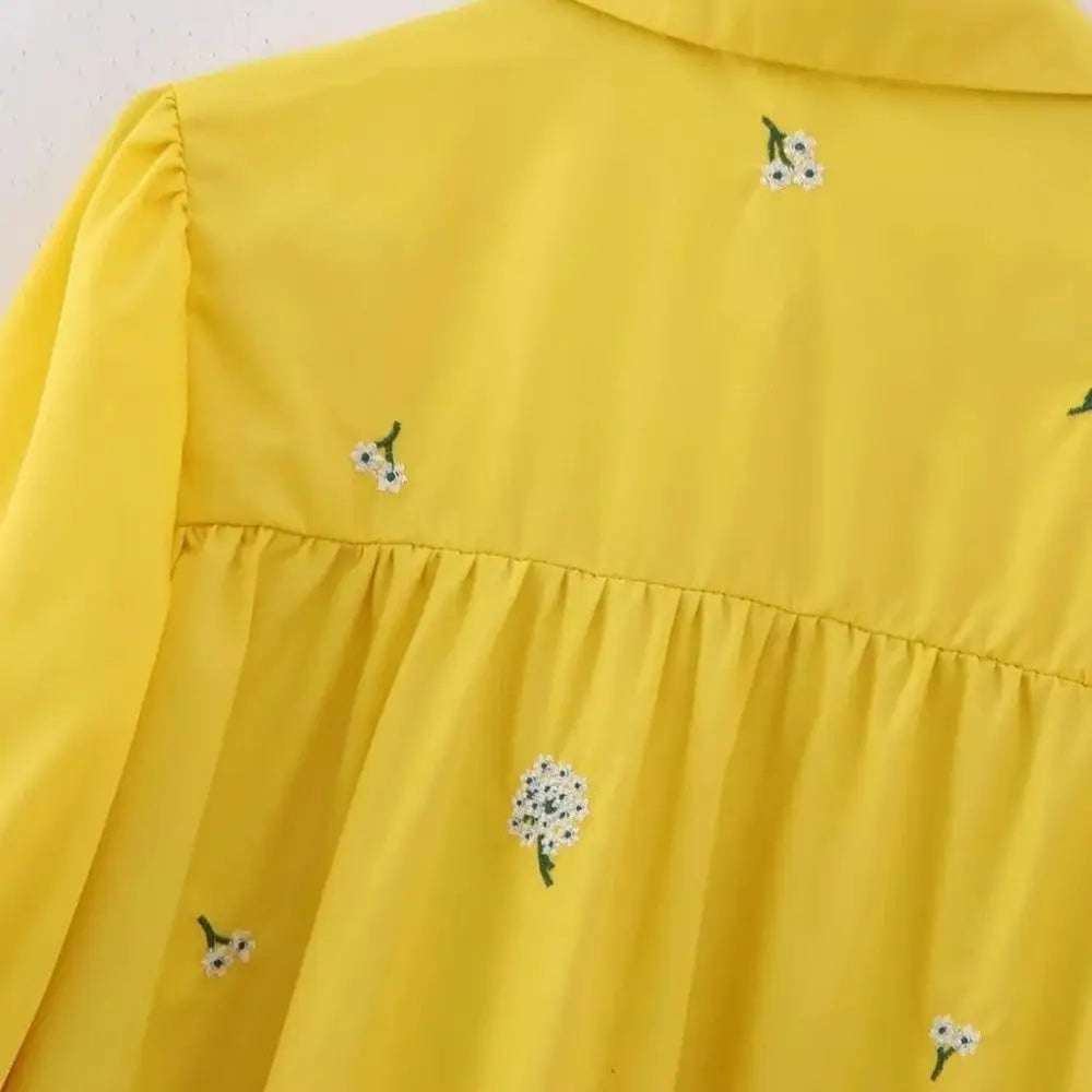 Vintage Floral Embroidery Button-Up Smock Dress