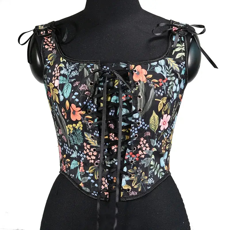 Vintage Floral Print Lace Up Corset Sleeveless Crop Top