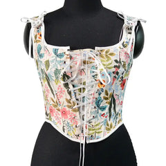 Vintage Floral Print Lace Up Corset Sleeveless Crop Top