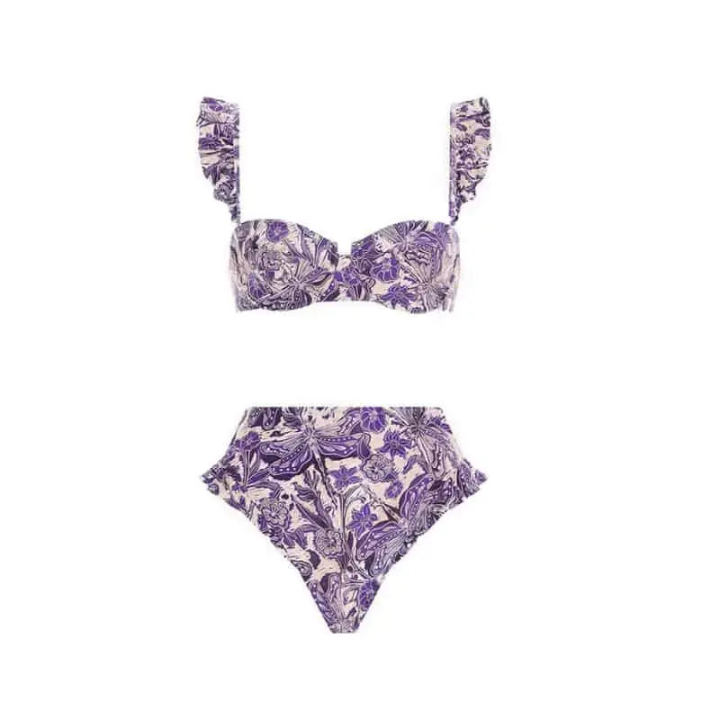 Vintage Floral Ruffled Plaid Bikini - Purple / S