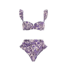 Vintage Floral Ruffled Plaid Bikini - Purple / S