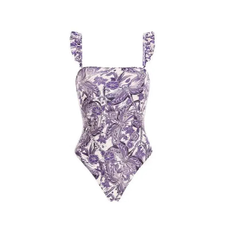 Vintage Floral Ruffled Plaid Swimwear - Purple / S