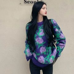 Vintage Flowers Knitted Oversize Sweater - One Size / Green