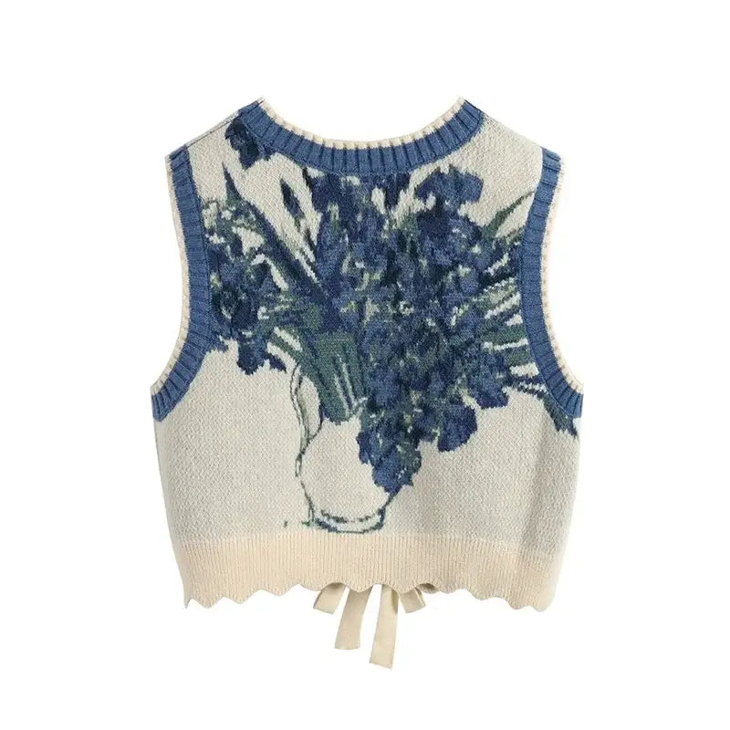 Vintage Folk-Inspired Knitted Sleeveless Vest - Blue / S