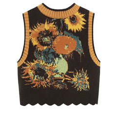 Vintage Folk-Inspired Knitted Sleeveless Vest - Brown / S