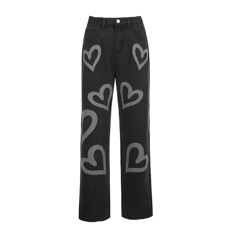 Vintage Heart Graphic Graffiti Jeans - Black / M - Pants