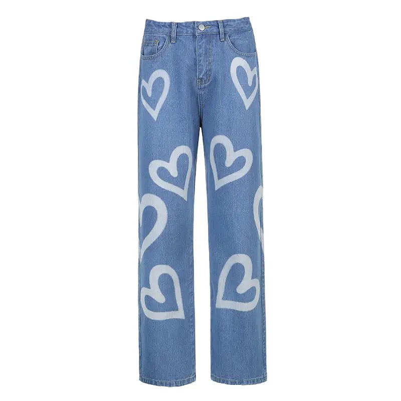 Vintage Heart Graphic Graffiti Jeans - Blue / M - Pants