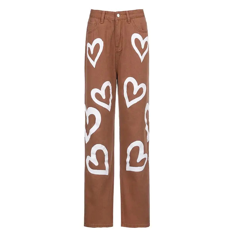 Vintage Heart Graphic Graffiti Jeans - Brown / S - Pants