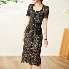 Vintage Lace Slim Mid Dress Square Collar Buckles