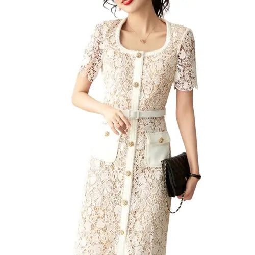 Vintage Lace Slim Mid Dress Square Collar Buckles